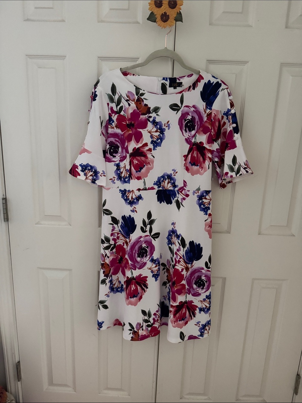 White Floral Casual Dress with Pink & Blue Blooms